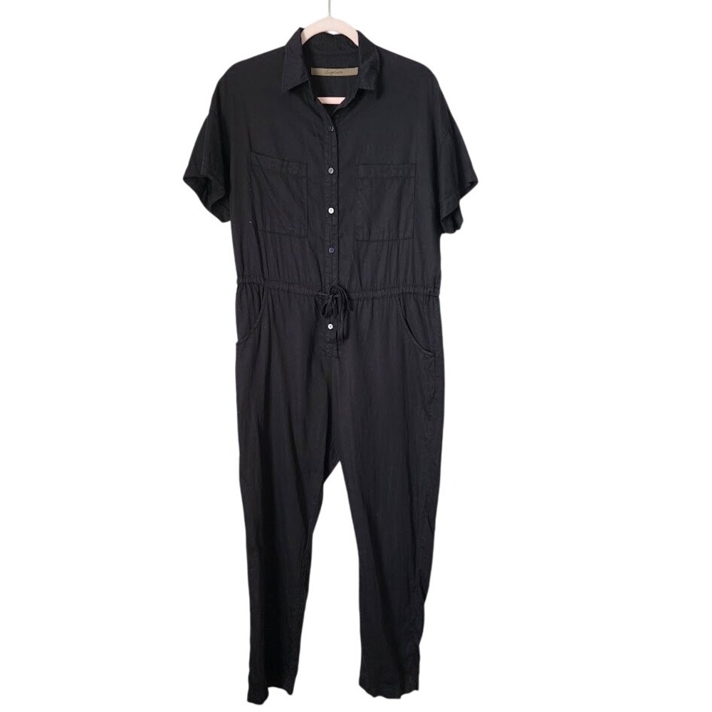 ENZA COSTA Black Cotton Short Sleeve Utility Jumpsuit‎ Drawstring Size 1